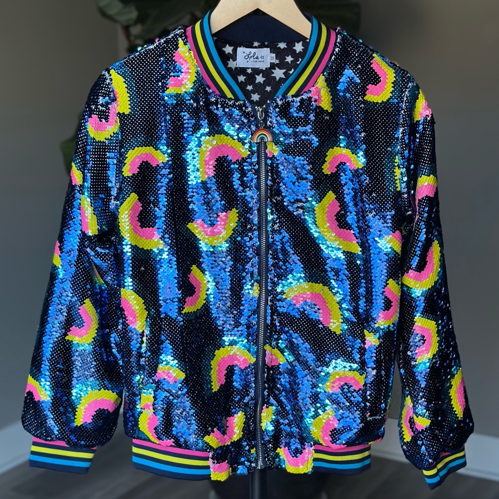 Lola And The Boys Sequin Rainbow Star Bomber Zip Jacket, Costume Girls Kids JoJo